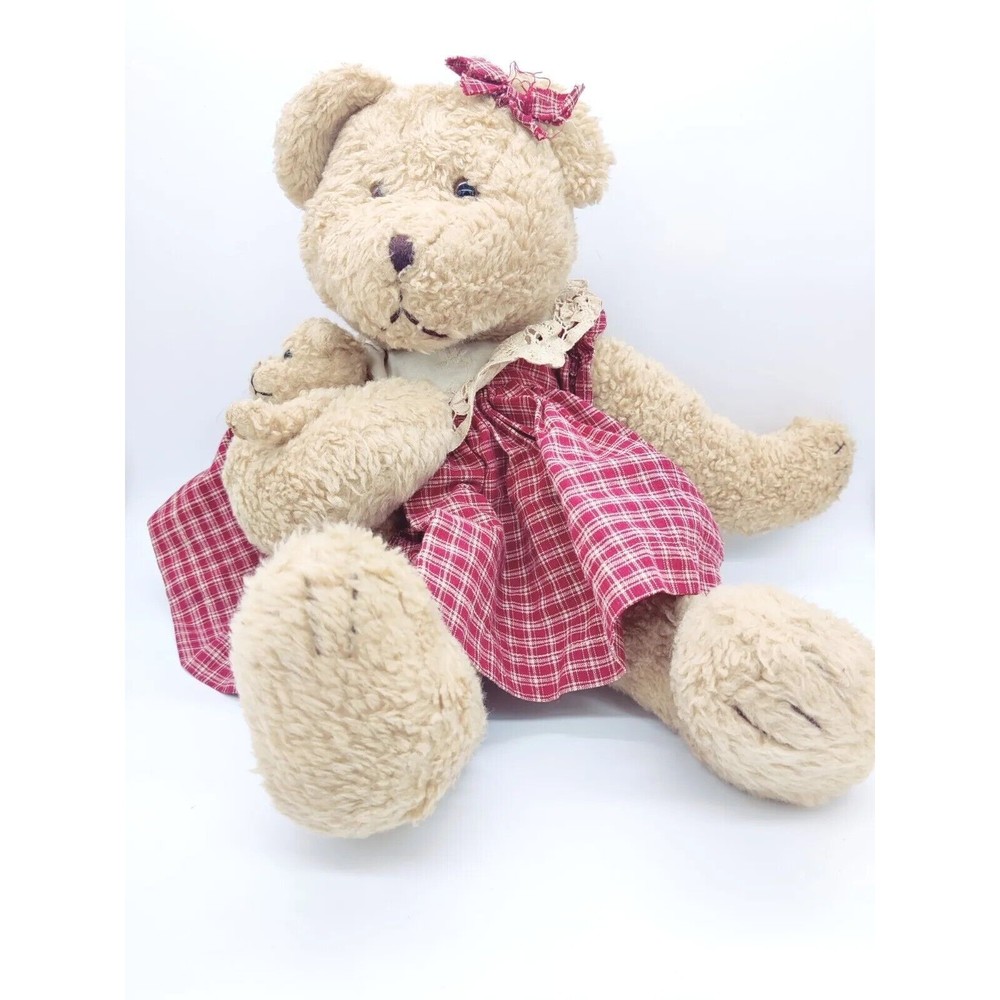Vintage Mama & Baby Plush Boyds 18" Bear Teddy Cute Primative Plaid Dress Mom